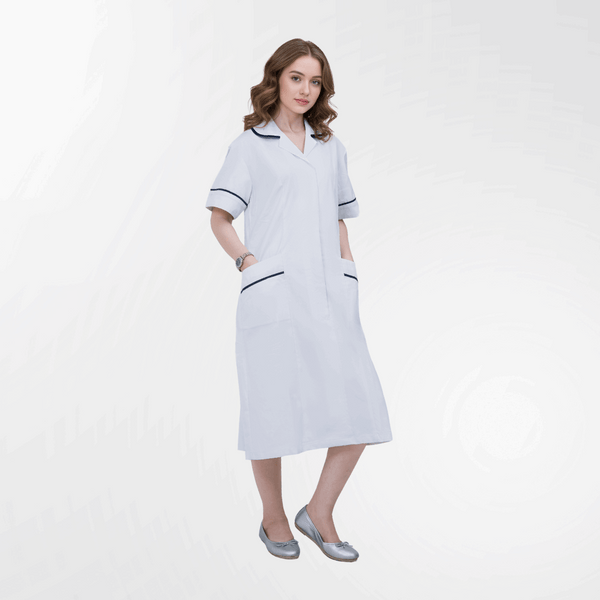 White Nurse Tunic Dress with Contrast Piping
